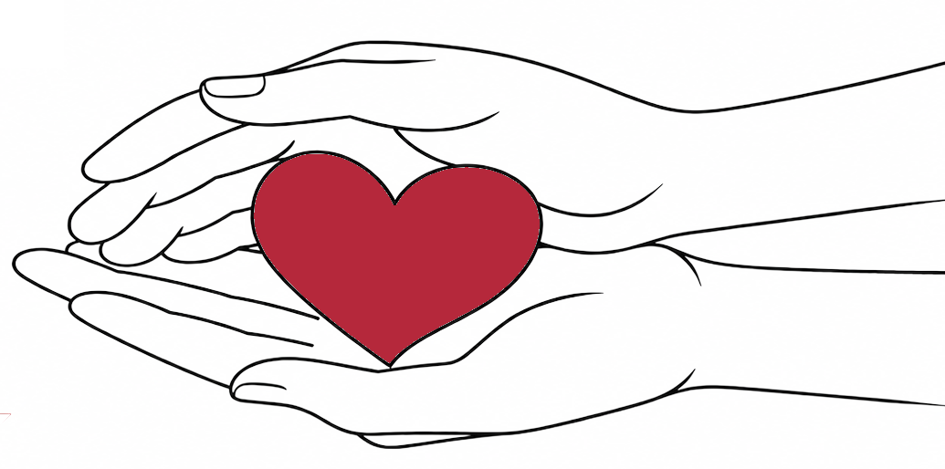 Line-art illustration of two hands cradling a heart